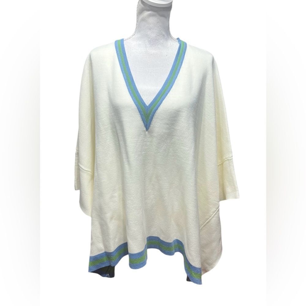 Tuckernuck Camden cream and blue soft sweater poncho